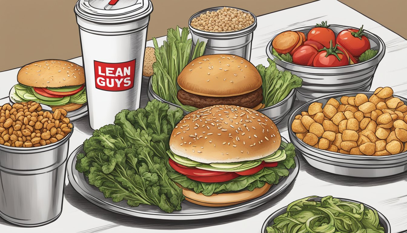 A table with a variety of fresh vegetables, lean protein options, and whole grain buns displayed at a Five Guys restaurant