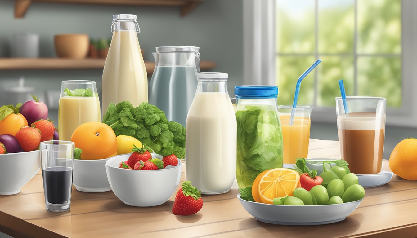 A table with various beverage options including water, unsweetened tea, and low-fat milk, displayed alongside fresh fruits and vegetables