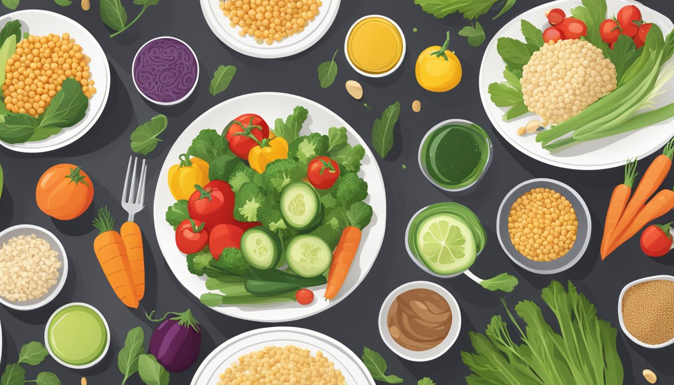 A colorful array of fresh vegetables, lean proteins, and whole grains displayed on a clean, modern table setting