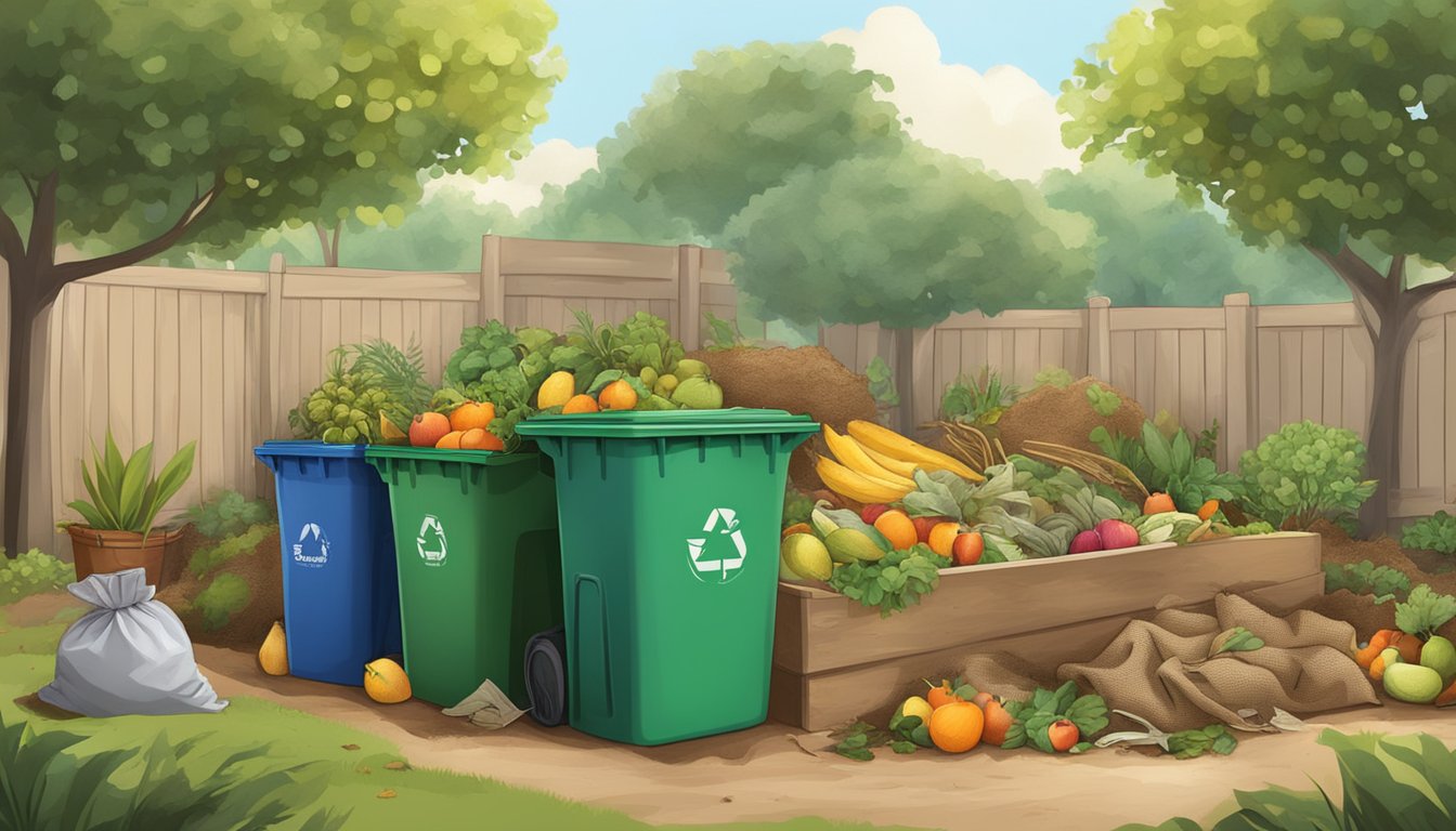 A pile of compostable materials including burlap sacks, fruit peels, and yard waste, surrounded by a garden and a compost bin