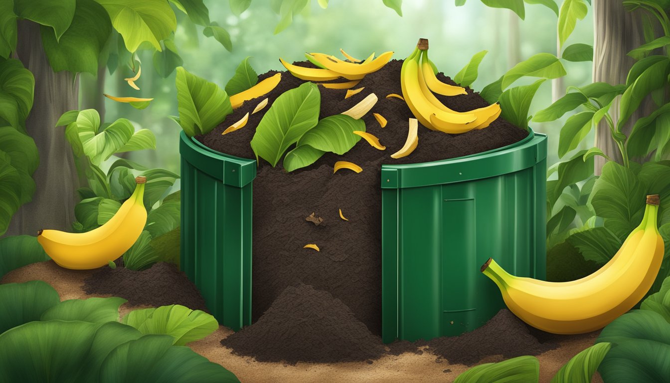 A compost bin with banana peels and other organic waste surrounded by green plants and trees