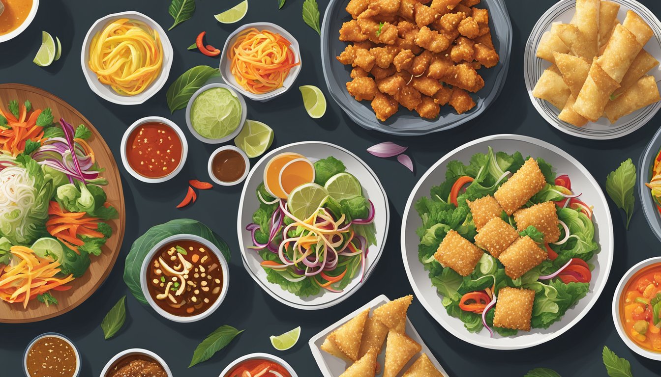 A table spread with colorful, fresh, and appetizing shareable and healthy options from Pei Wei, including vibrant salads, flavorful spring rolls, and crispy vegetable tempura