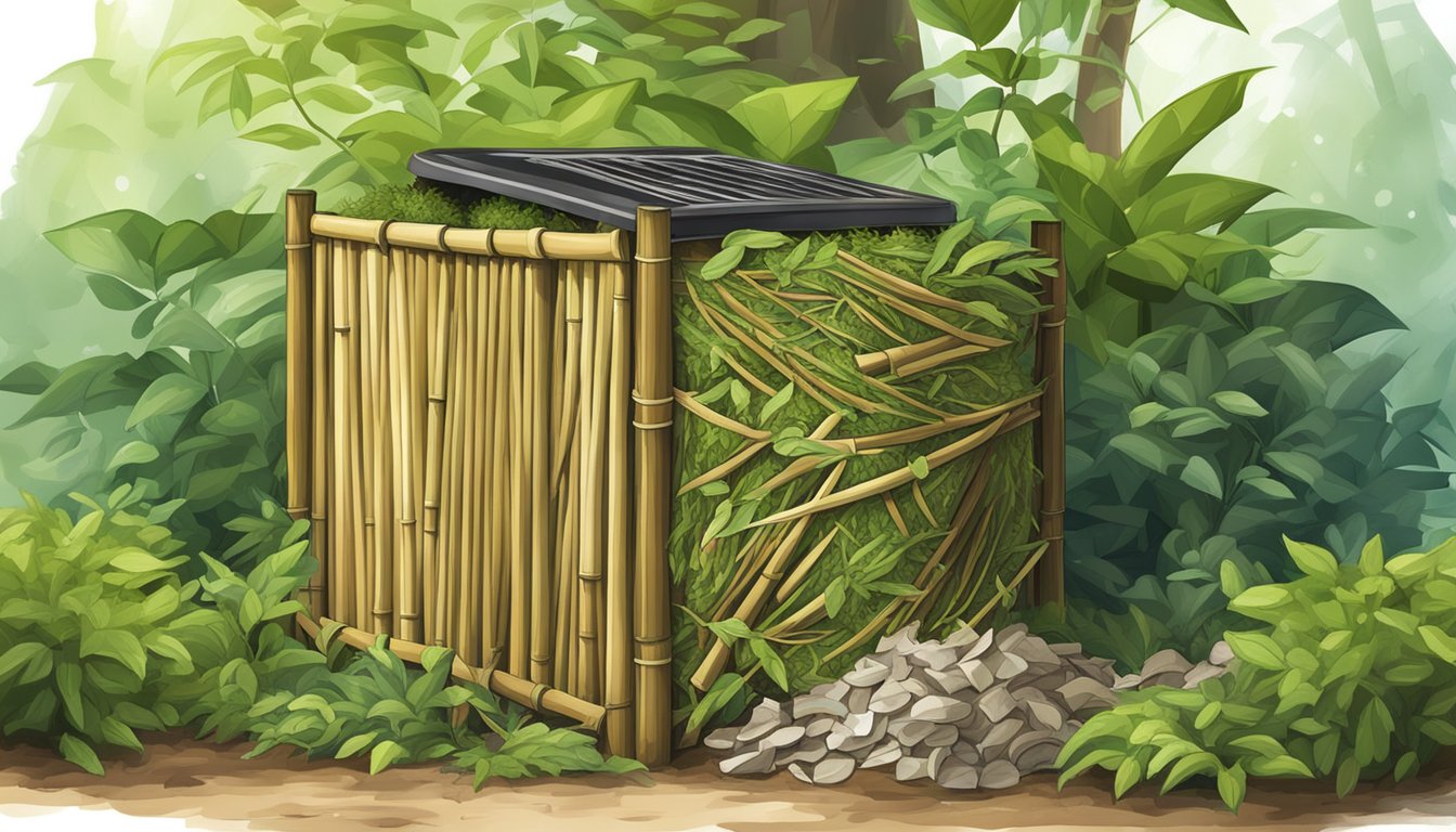 A compost bin filled with bamboo fabric scraps surrounded by greenery and organic waste