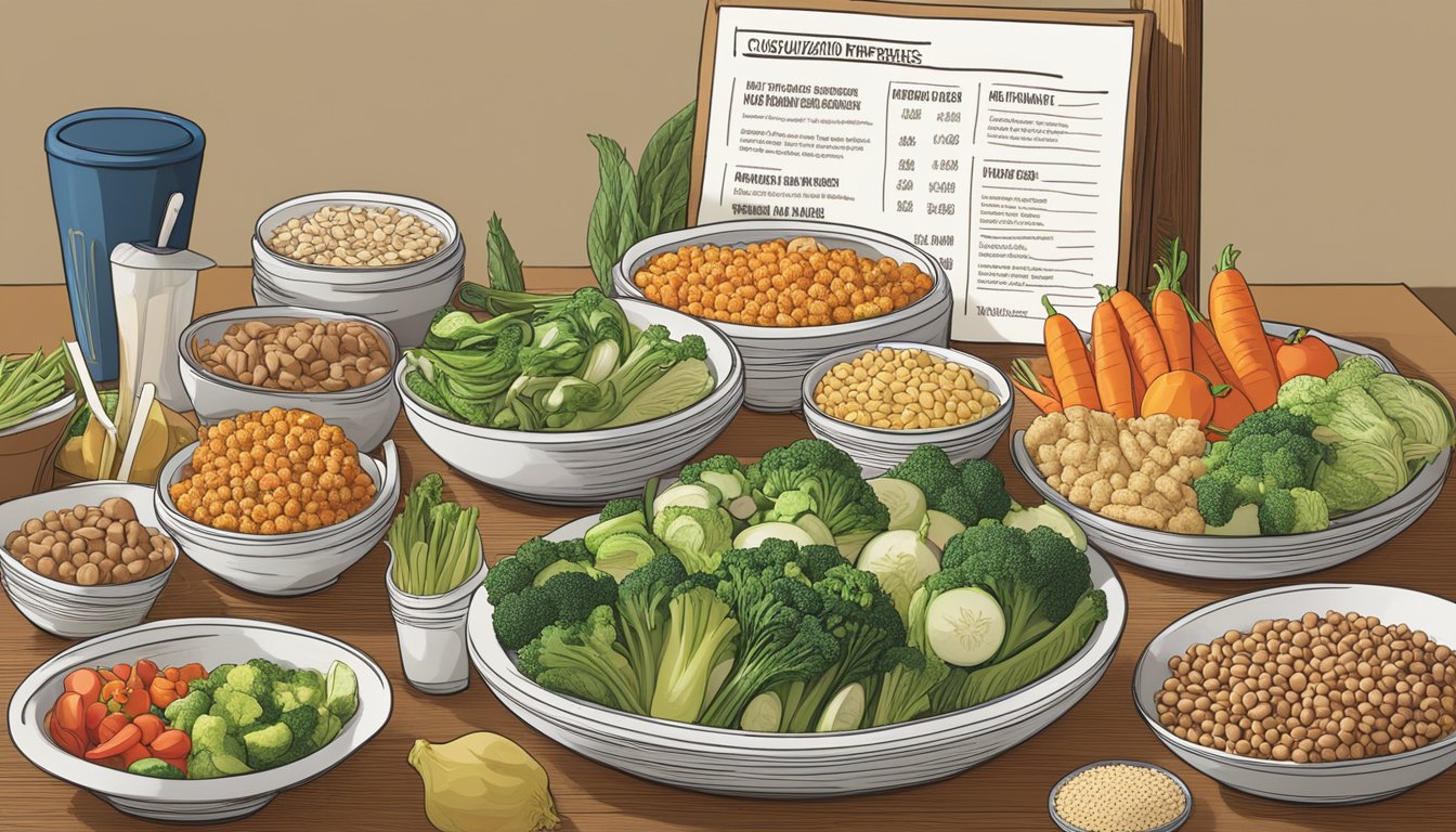 A colorful array of fresh vegetables, lean proteins, and whole grains displayed on a table, with a menu sign for "Customization for Dietary Preferences" at Pei Wei