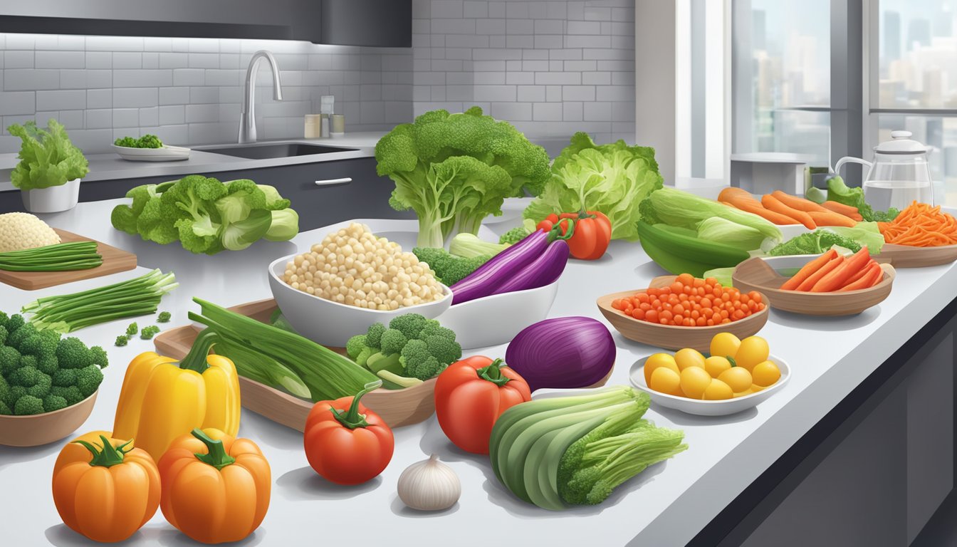 A colorful array of fresh vegetables and lean proteins displayed on a clean, modern counter