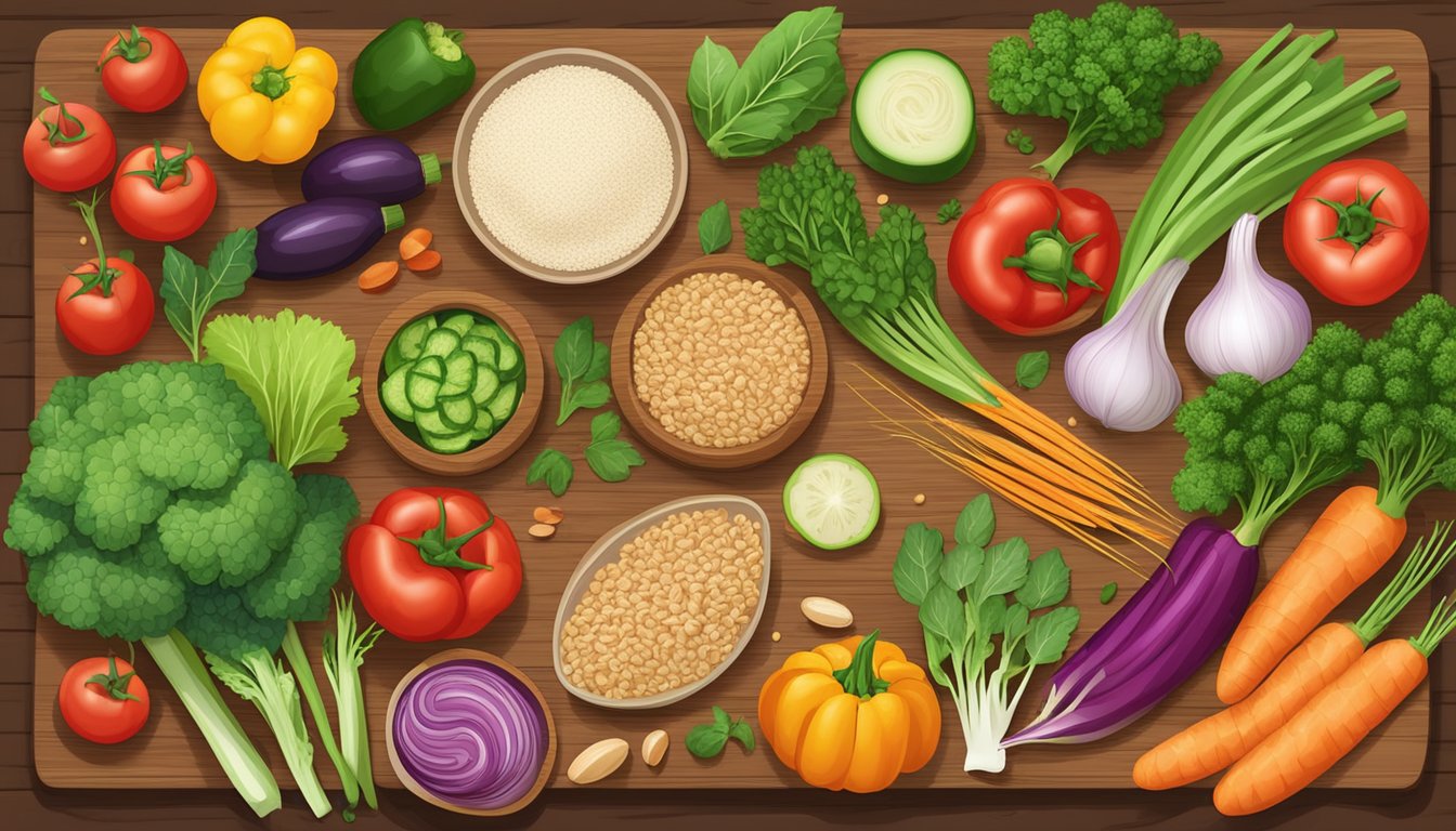 A colorful array of fresh vegetables, whole grain bread, and lean proteins arranged on a wooden cutting board