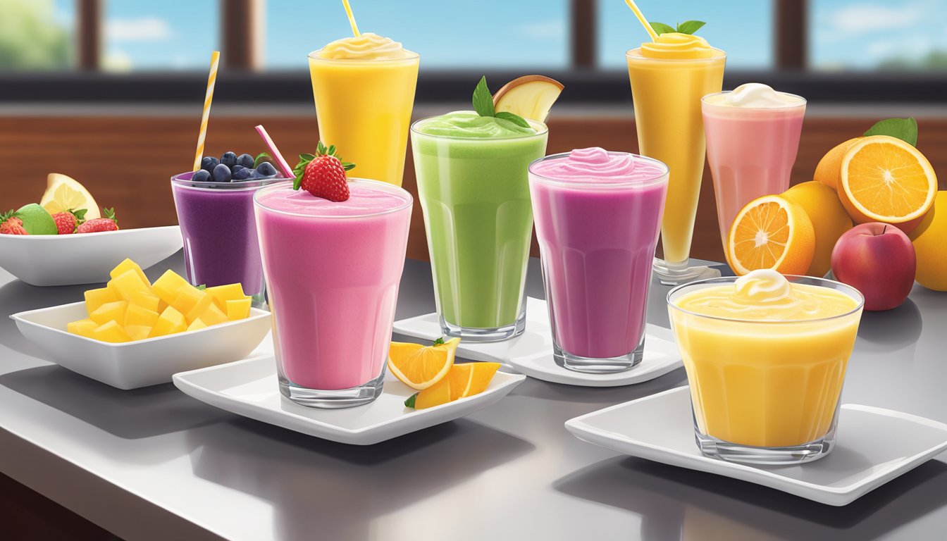 A colorful display of fresh fruit smoothies and light, airy desserts arranged on a modern, minimalist table at a Pei Wei restaurant