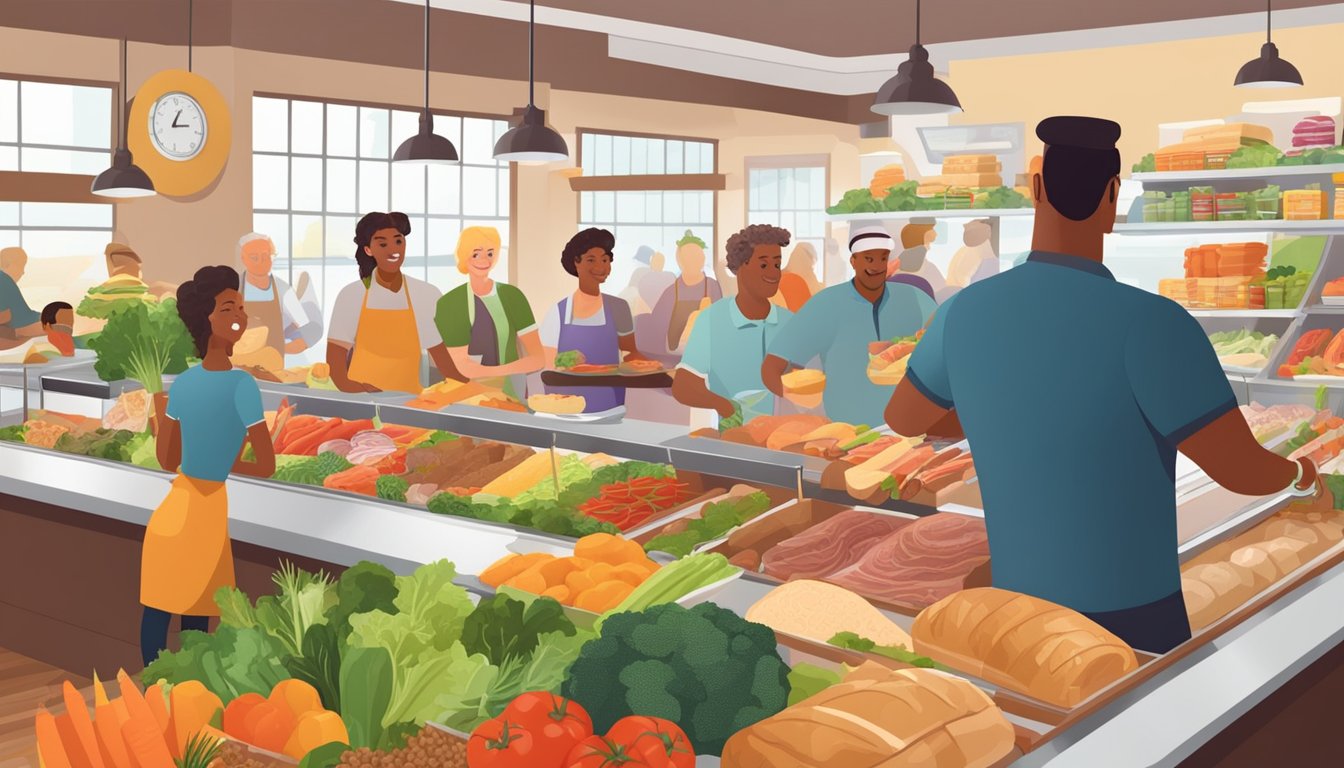 A colorful deli counter filled with fresh vegetables, whole grain bread, and lean meats, surrounded by cheerful customers enjoying their healthy meal options