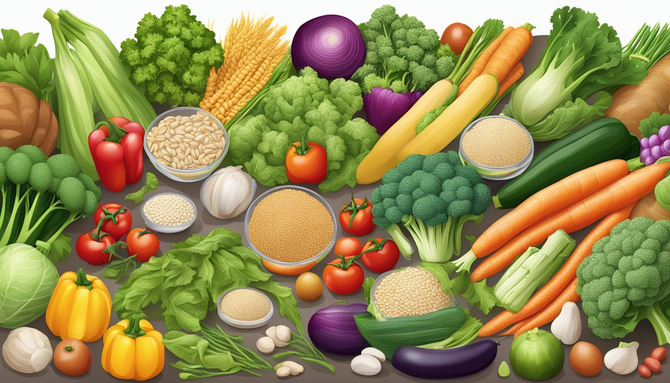 A colorful array of fresh vegetables, lean proteins, and whole grains displayed in an organized and appealing manner