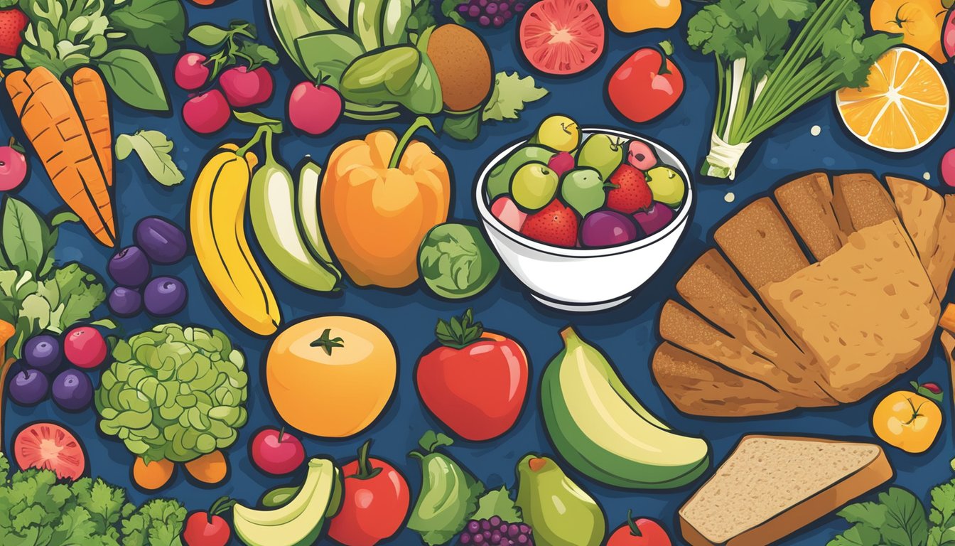 A colorful array of fresh fruits and vegetables, along with whole grain bread and lean proteins, arranged on a vibrant kids' menu at Jason's Deli