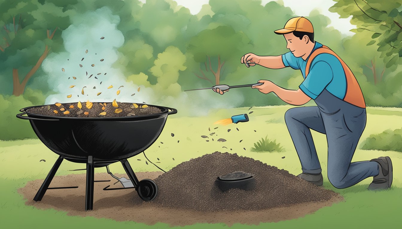 A person sprinkles ashes from a charcoal grill onto a compost pile in a backyard garden