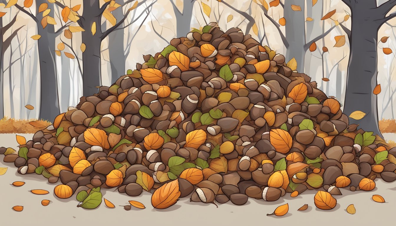 A pile of acorns surrounded by fallen leaves and twigs, with earthy composting materials in the background