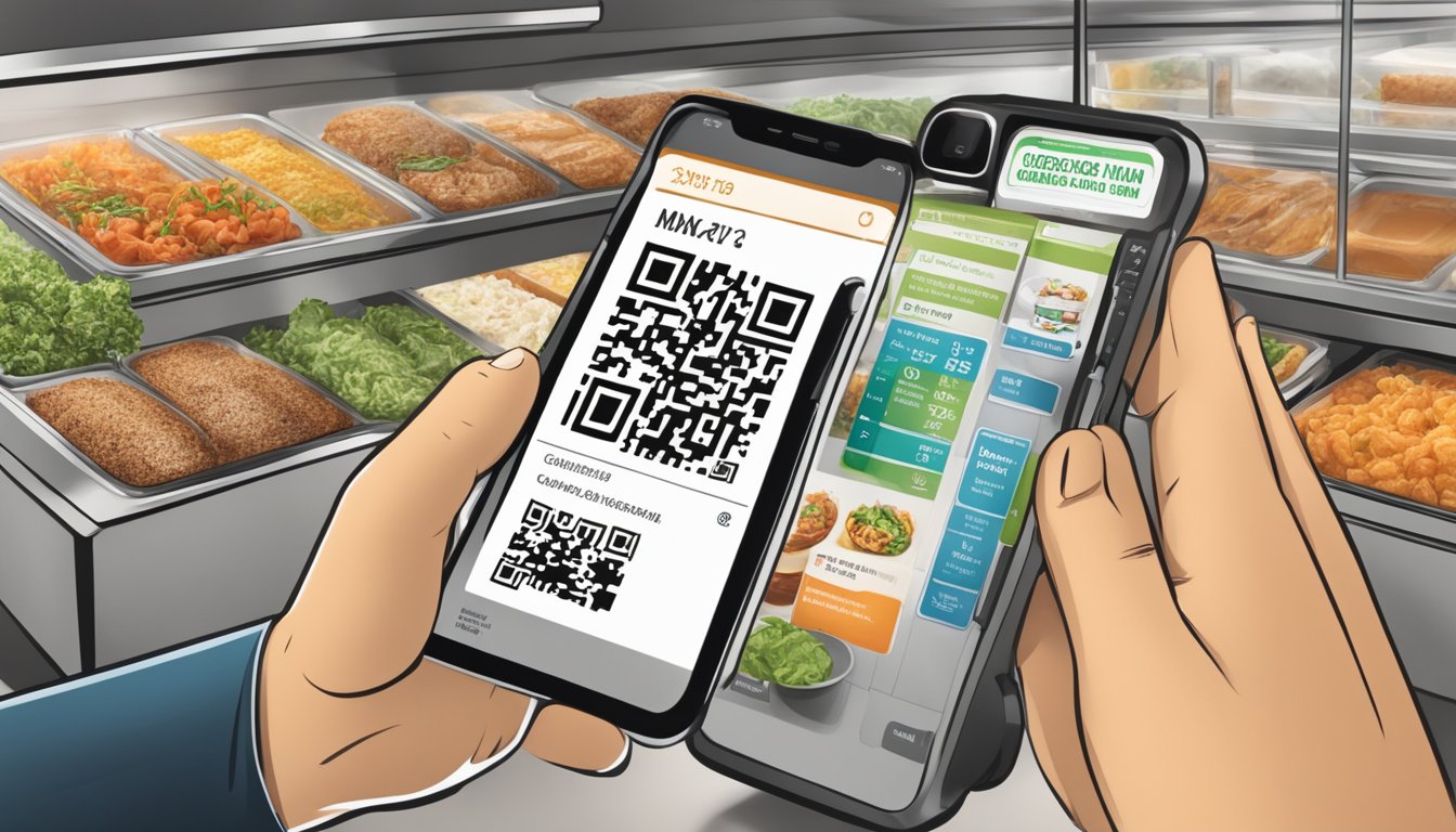 A customer using a smartphone to scan a QR code on a menu, accessing detailed nutrition information for healthy options at Jason's Deli