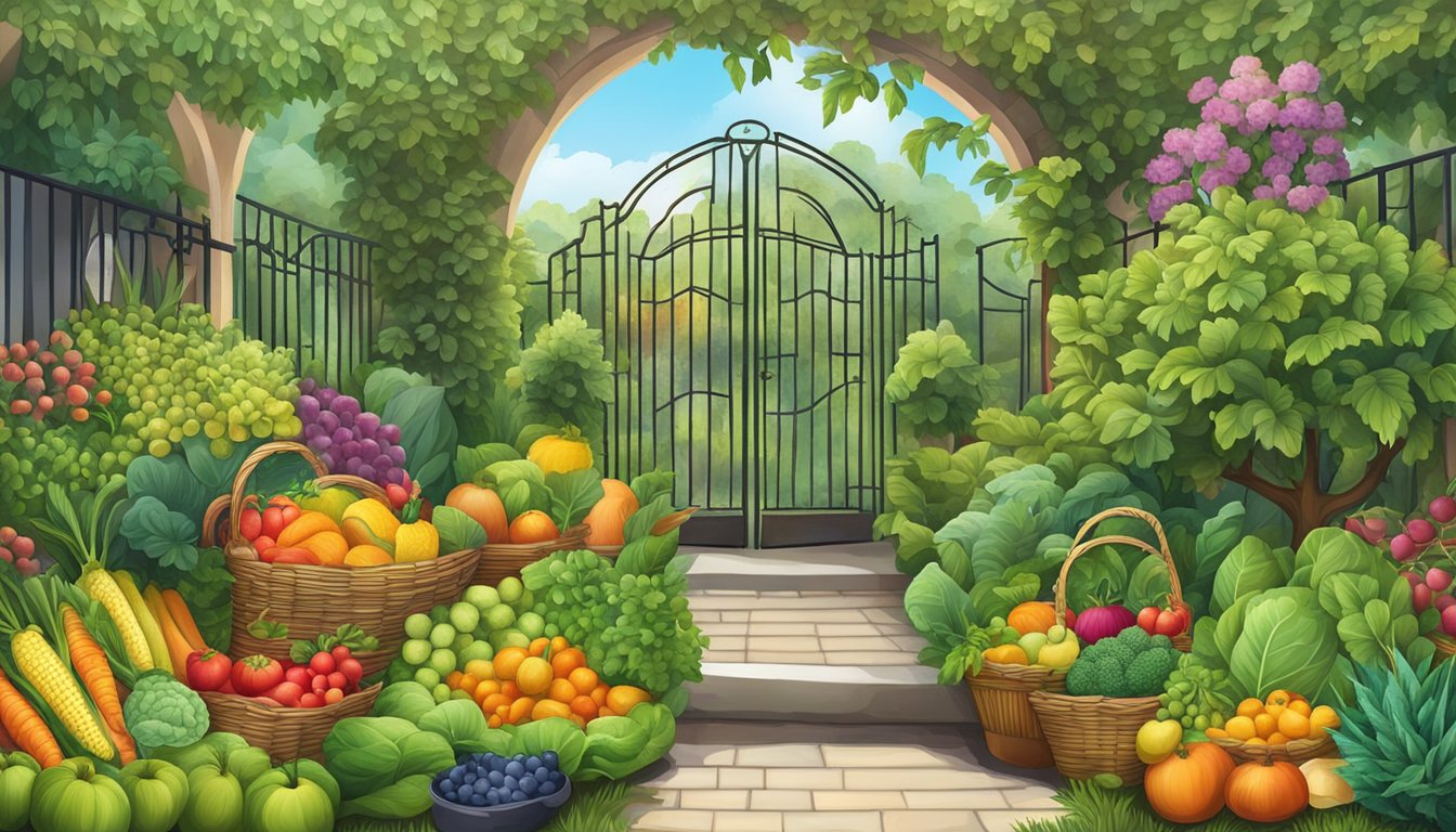 A lush garden with colorful fruits and vegetables arranged in baskets, surrounded by vibrant green plants and a sign reading "Healthy Options Allowance."