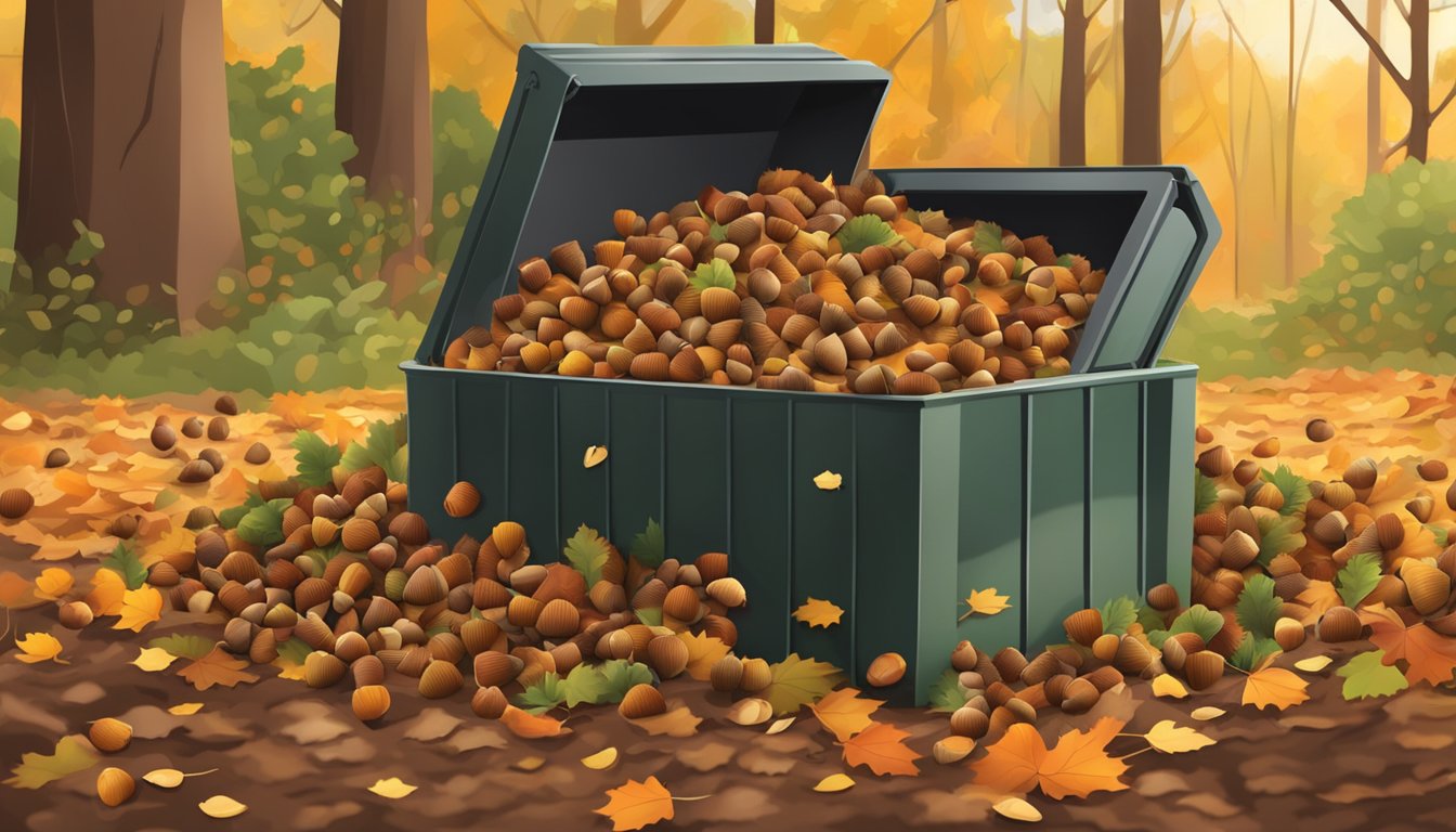 Acorns scattered on the ground, surrounded by fallen leaves and twigs. A compost bin sits nearby, ready to receive the acorns for decomposition