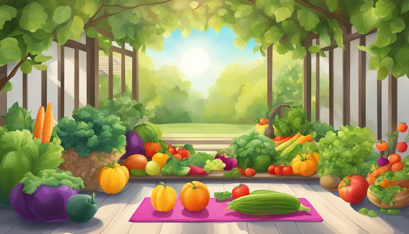 A vibrant garden with fresh fruits and vegetables, a yoga mat, and a smiling sun