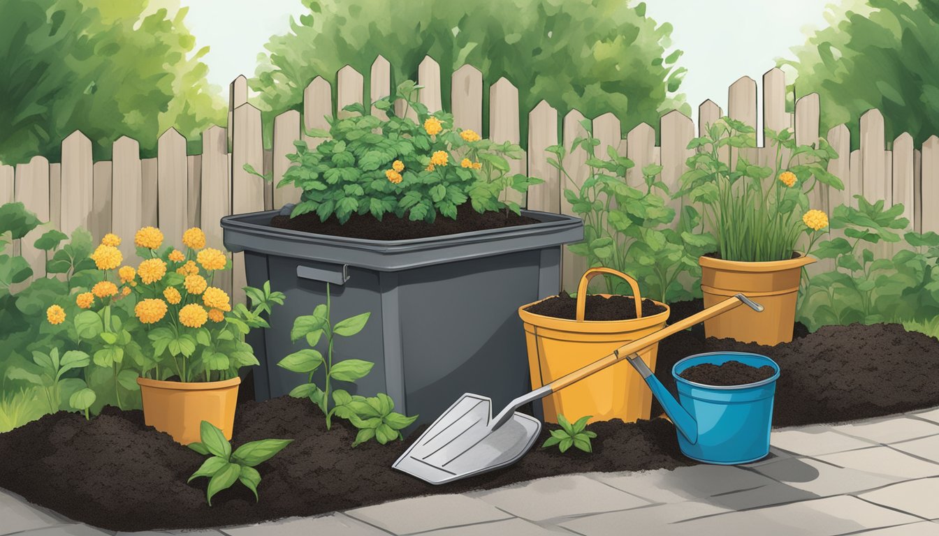 Ashes from charcoal are sprinkled around the base of a thriving garden plant, with a compost bin nearby. A shovel is used to mix the ashes into the soil, creating a sustainable way to recycle and nourish the garden