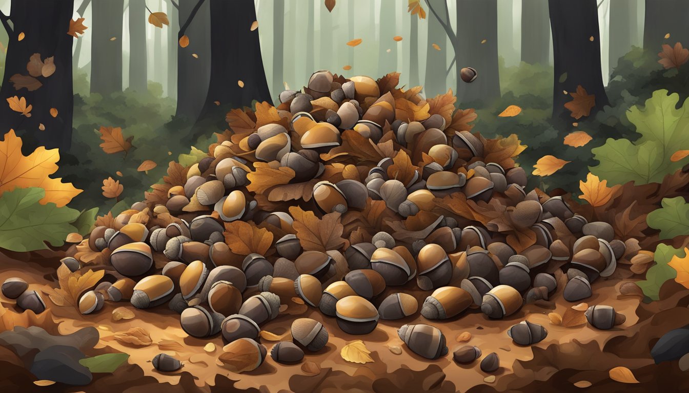 A pile of acorns surrounded by decomposing leaves and organic matter in a shaded area of the forest floor