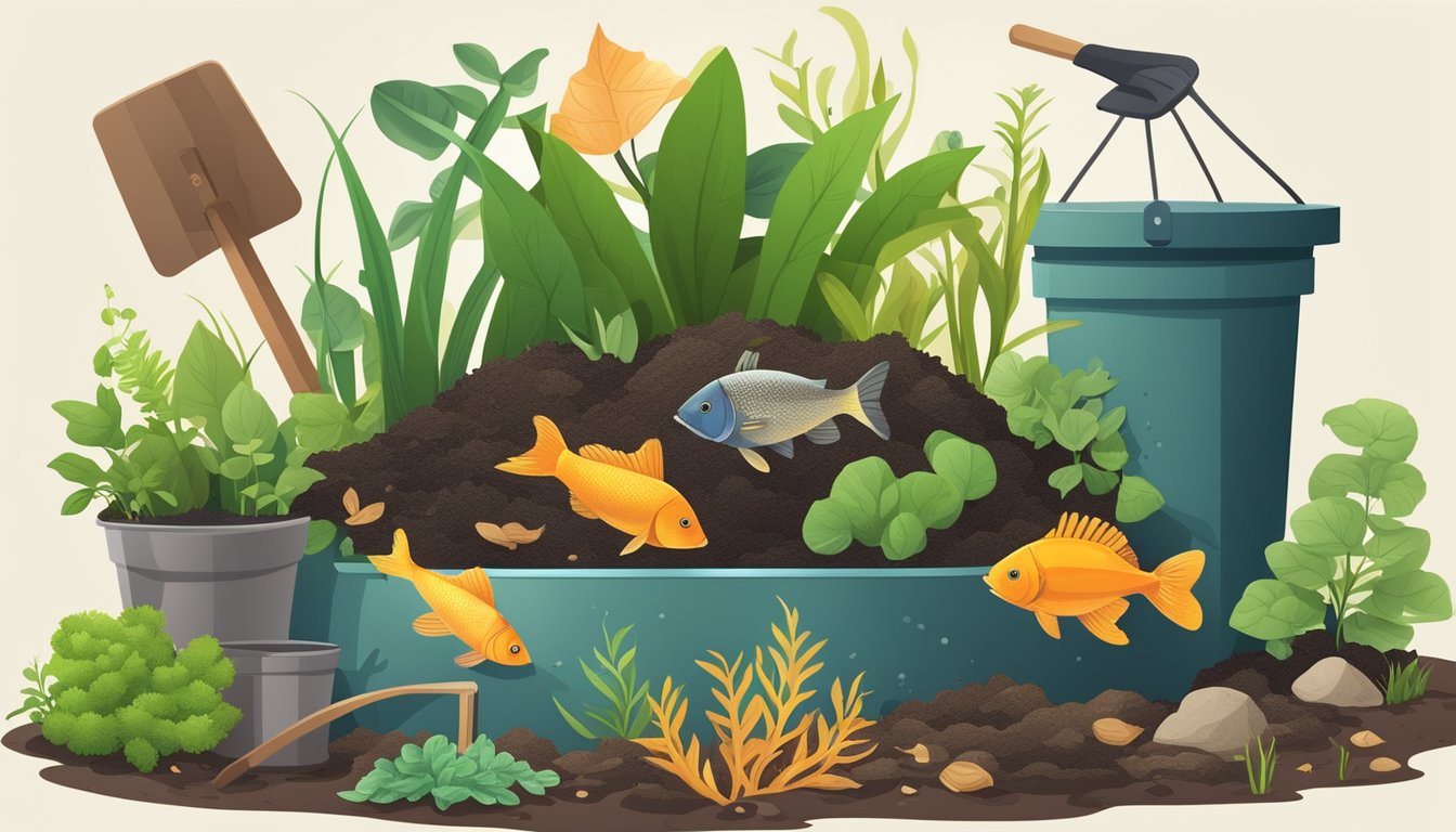 Aquarium plants and fish waste are mixed with organic materials in a compost bin. The bin is surrounded by gardening tools and a pile of dried leaves