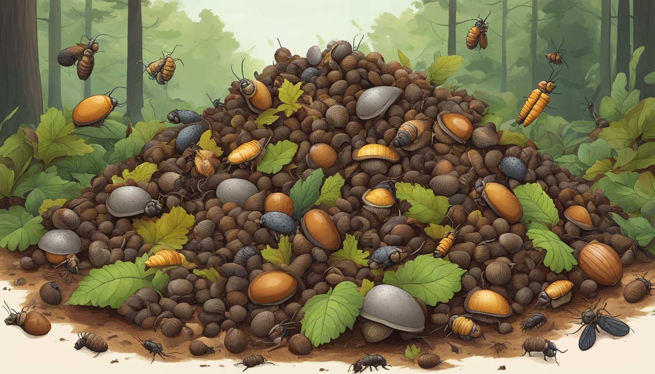 A pile of decomposing acorns surrounded by earthworms and other insects in a forest clearing