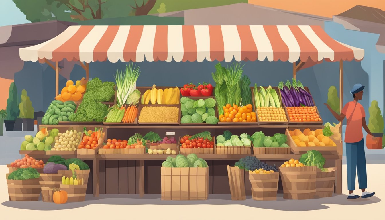 A colorful farmers market with fresh fruits, vegetables, and whole grains. A variety of healthy food options are displayed on vibrant stalls