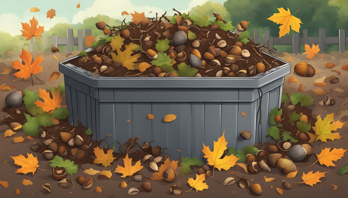 A pile of acorns decomposing in a compost bin, surrounded by earthworms and other decomposers. Fallen leaves and twigs cover the ground nearby