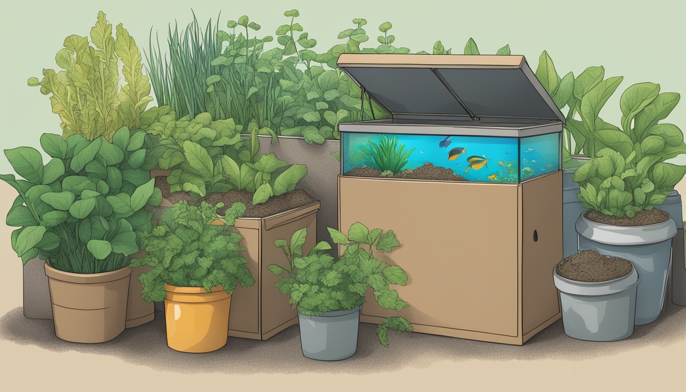 A compost bin with aquarium plants being added, alongside a guidebook on composting