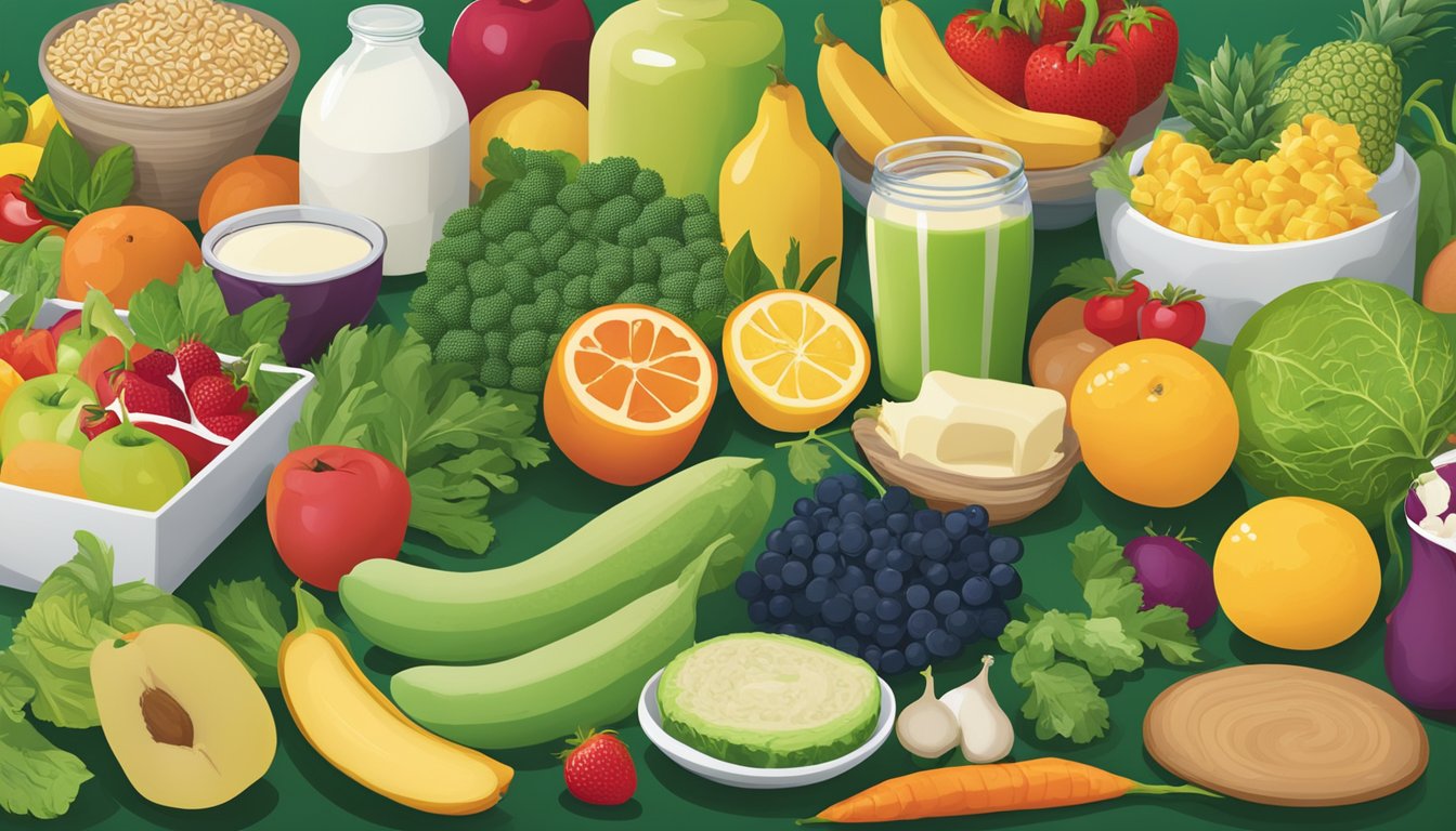 A colorful array of fresh fruits, vegetables, grains, and dairy products arranged on a table, with the Humana Healthy Options logo displayed prominently