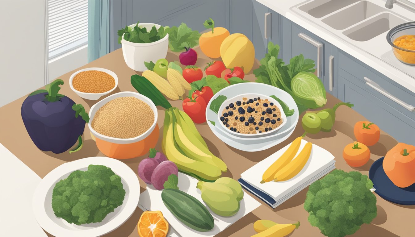 A kitchen filled with fresh fruits, vegetables, and whole grains, with a Humana Healthy Options cookbook open on the counter