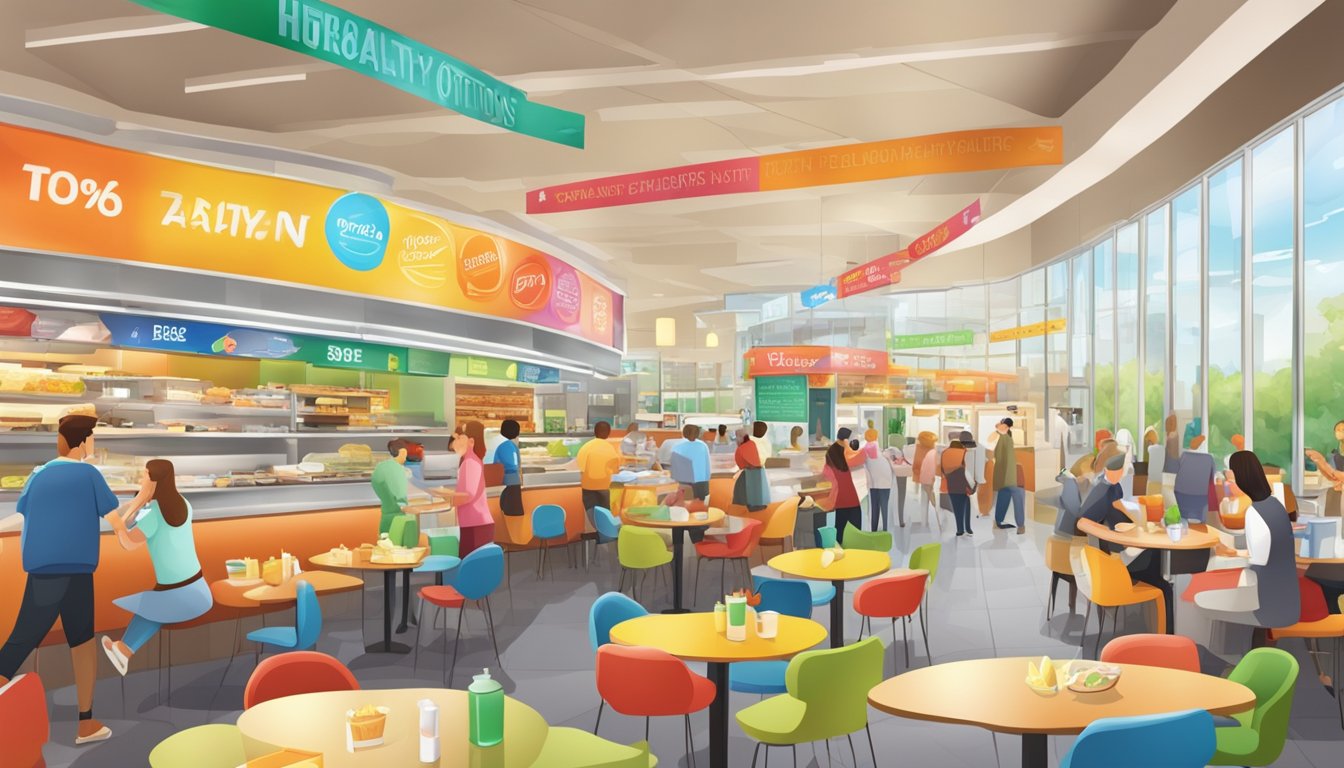 A bustling food court with colorful signs advertising healthy options at popular chain restaurants