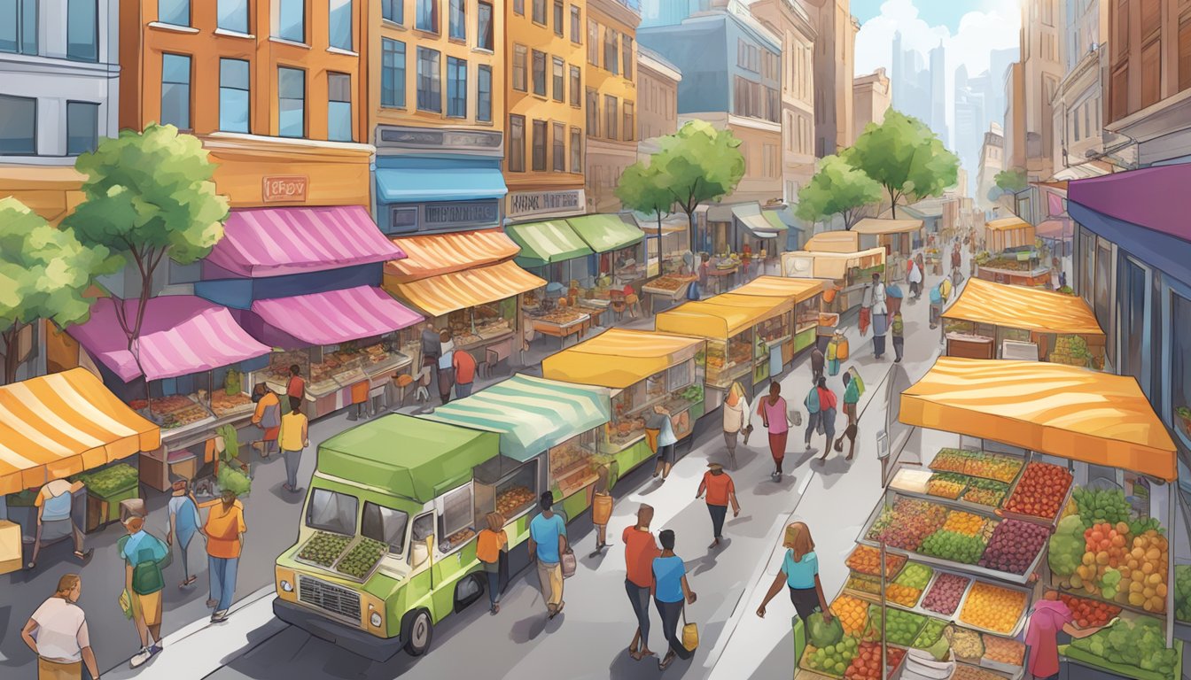 A bustling street lined with food trucks and colorful fruit stands, offering a variety of fresh and healthy options for on-the-go nutrition