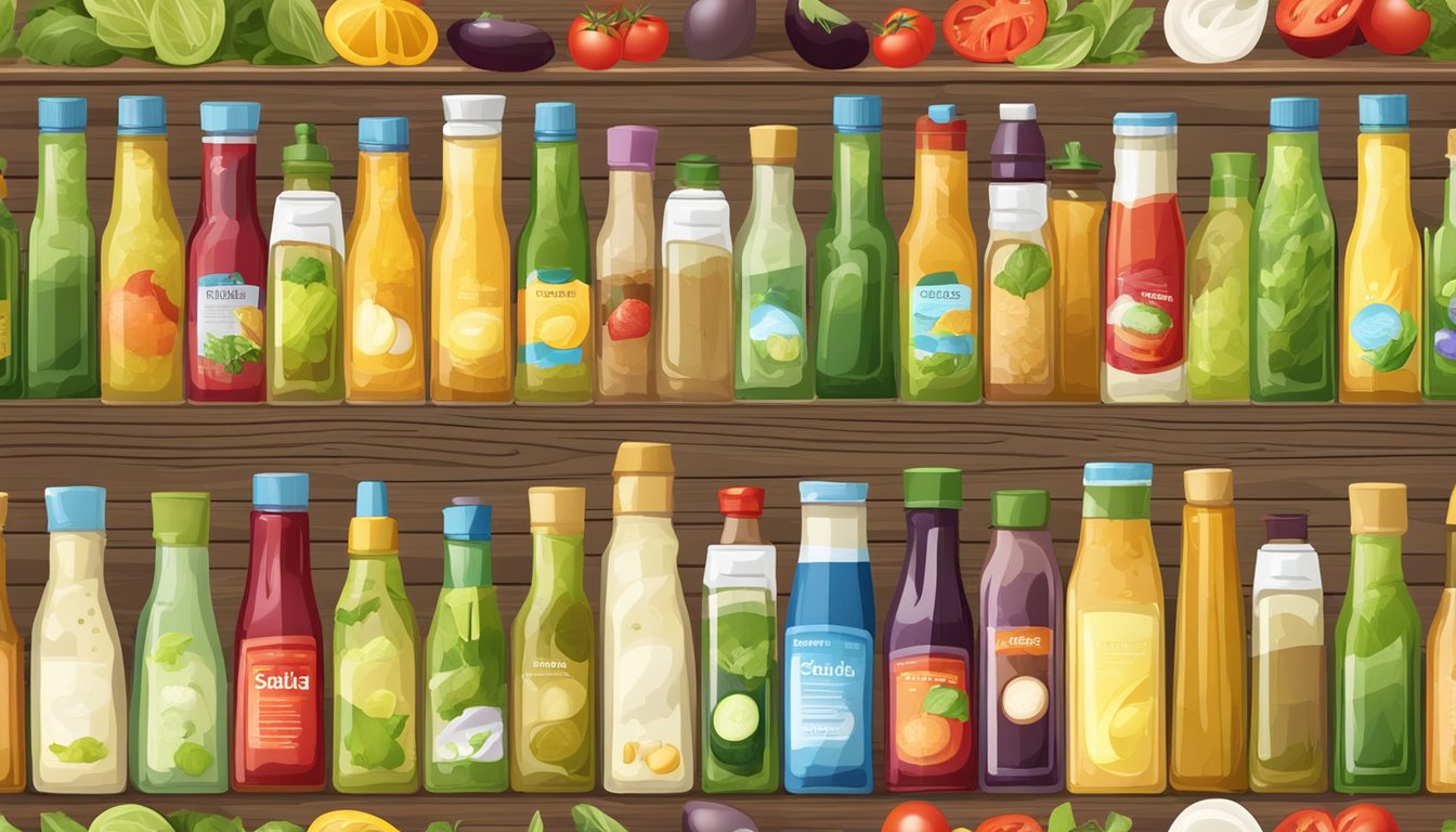 A variety of colorful bottles of specialty and dietary-specific salad dressings arranged on a wooden table