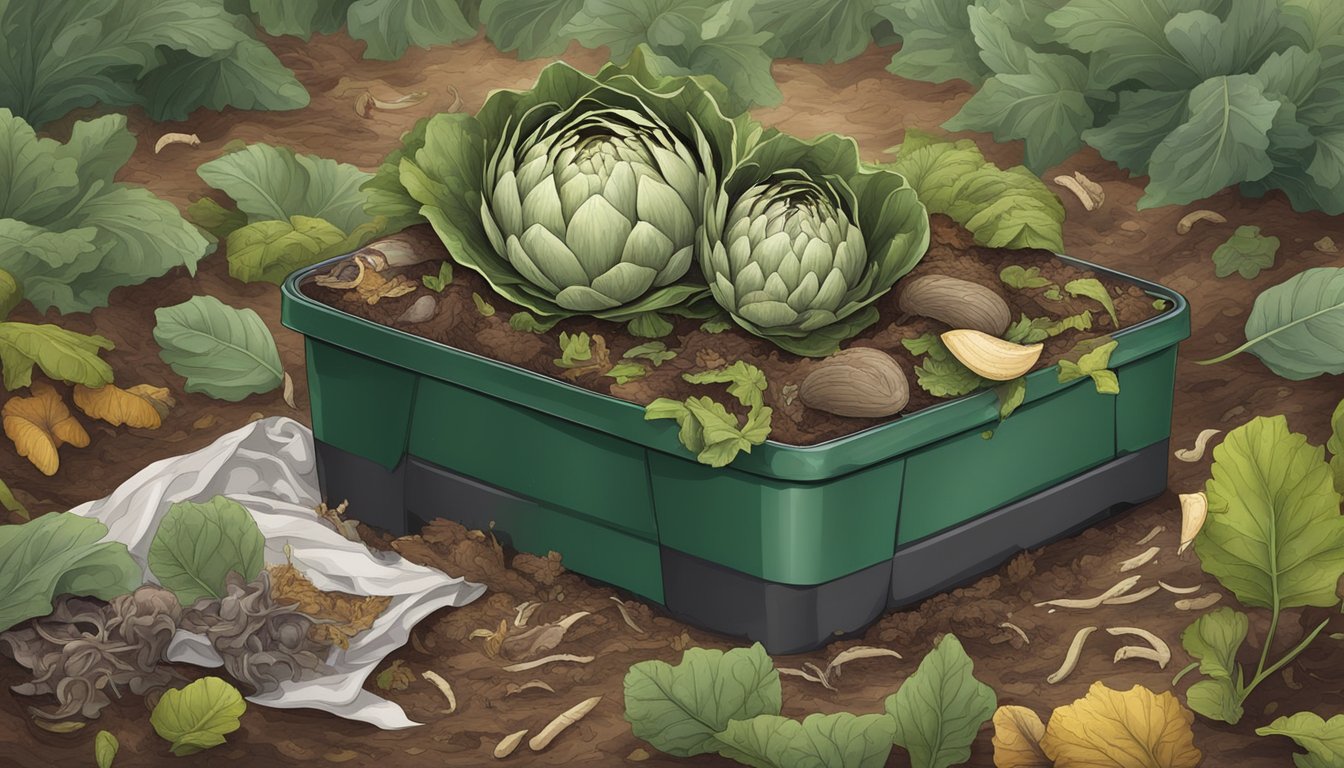 A pile of artichoke leaves and other kitchen scraps decomposing in a compost bin, surrounded by earthworms and other decomposers