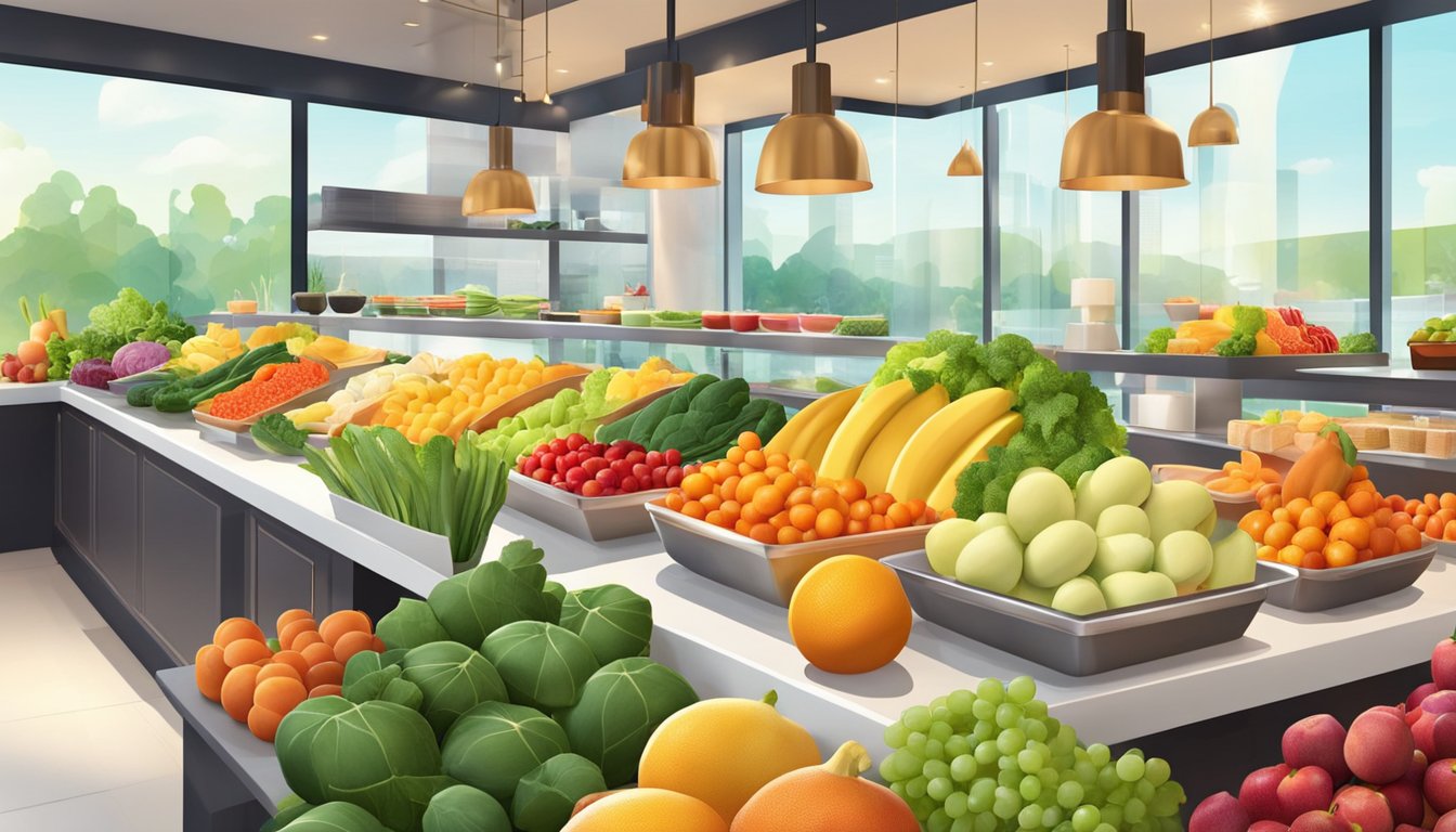 A colorful array of fresh fruits, vegetables, and lean proteins displayed on a clean, modern counter in a bright, inviting restaurant