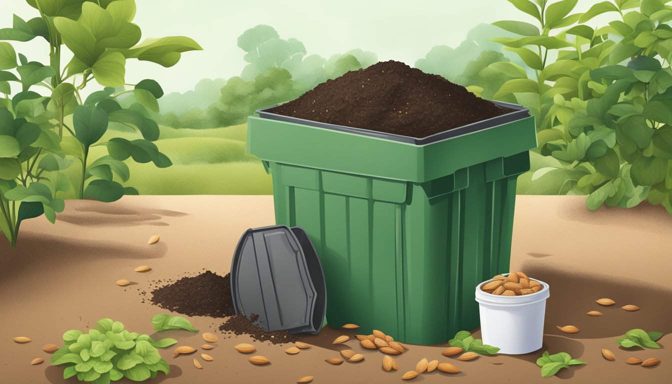 An open compost bin with various organic waste, including almond milk cartons, surrounded by green plants and earthy soil