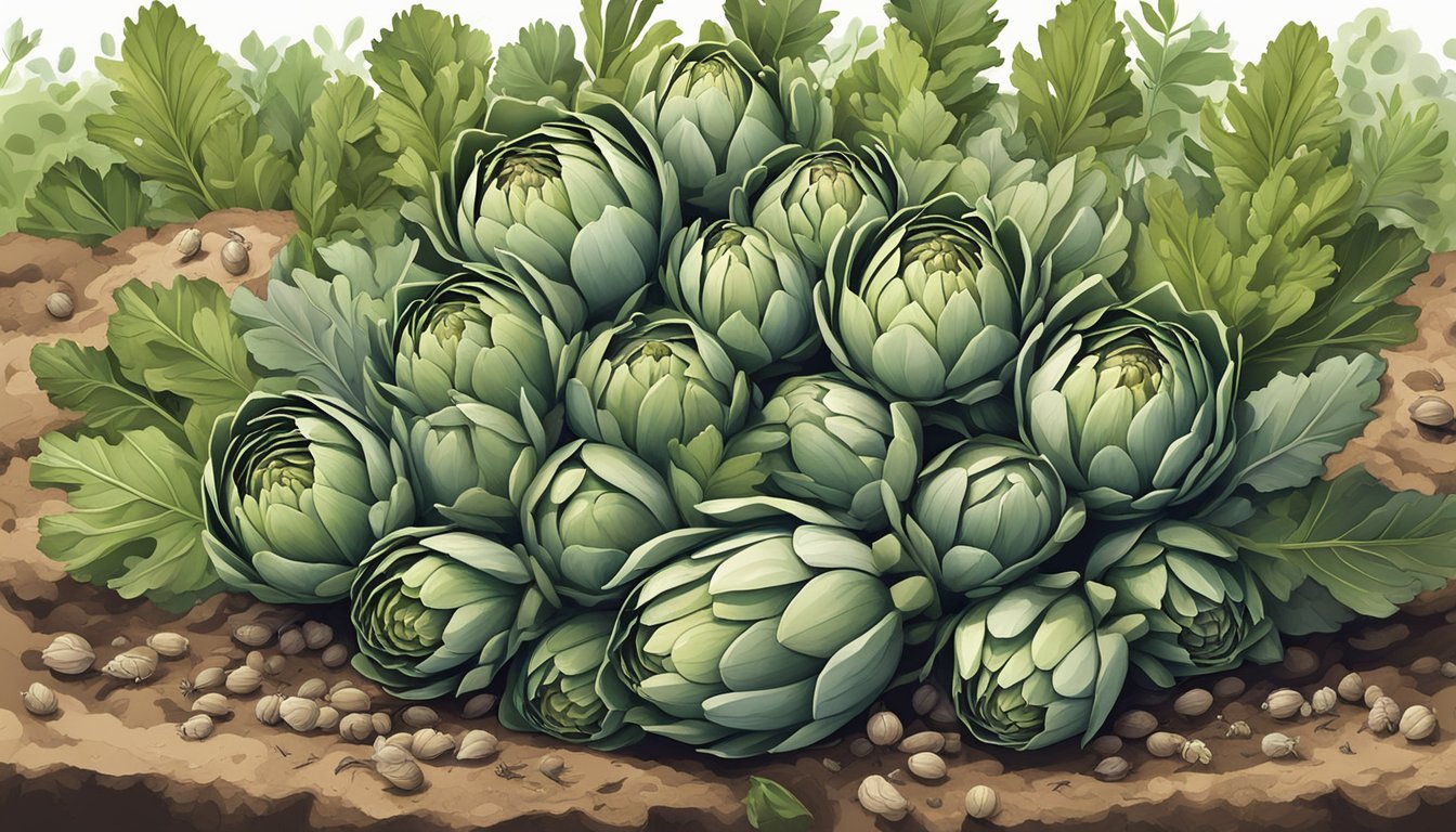 Artichoke leaves and stems piled in a compost bin, surrounded by rich soil and small insects