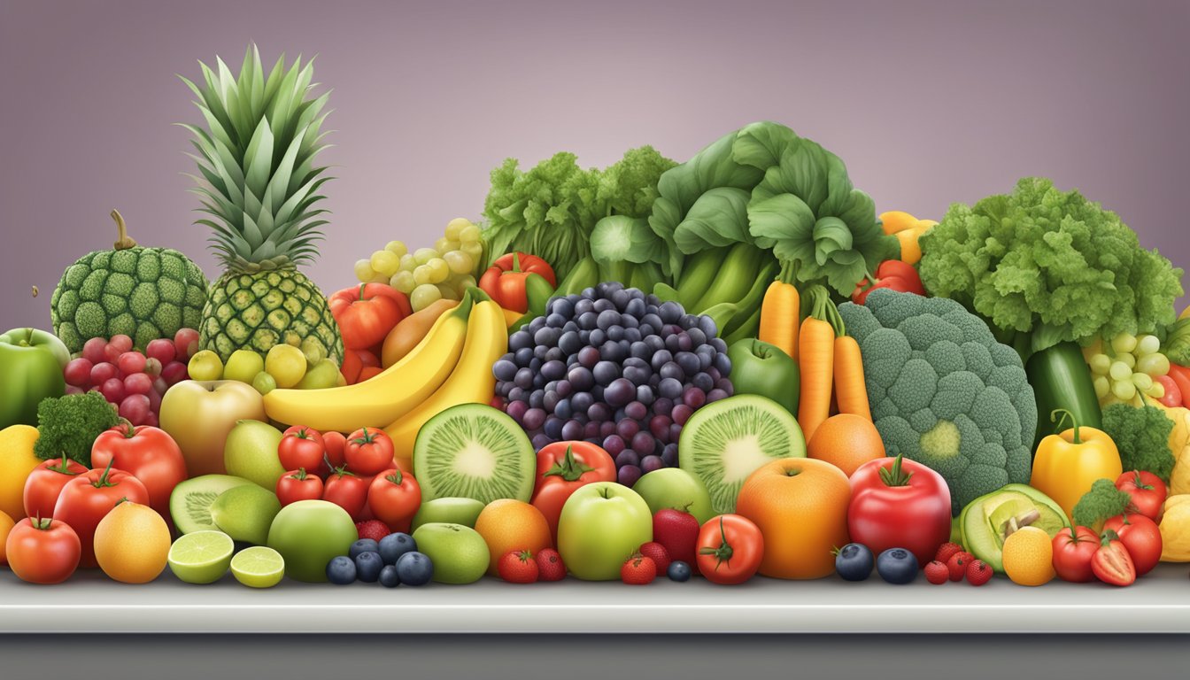 A colorful array of fresh fruits and vegetables arranged in a bountiful display, with a clear focus on promoting healthy eating options