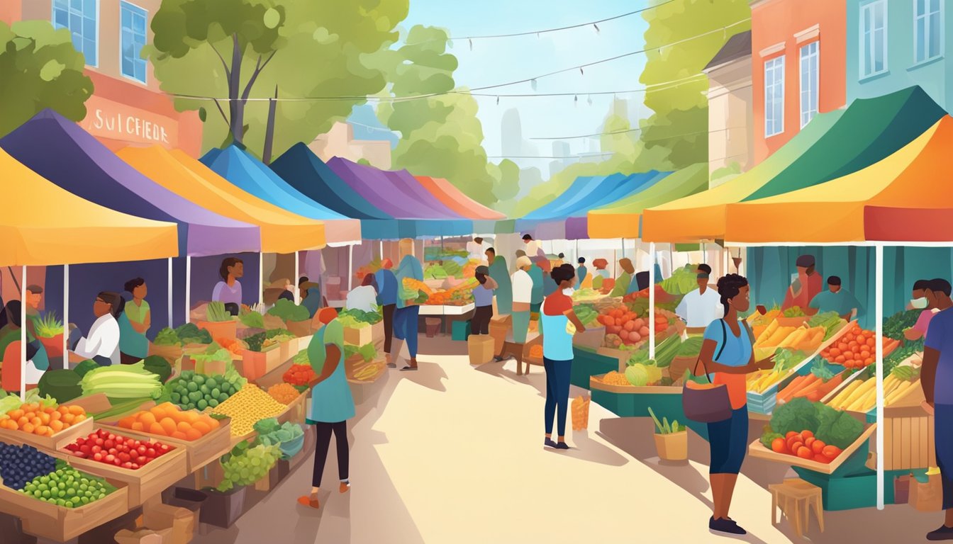 A colorful farmers' market with fresh fruits, vegetables, and whole grains displayed in vibrant stalls, surrounded by people enjoying healthy food options