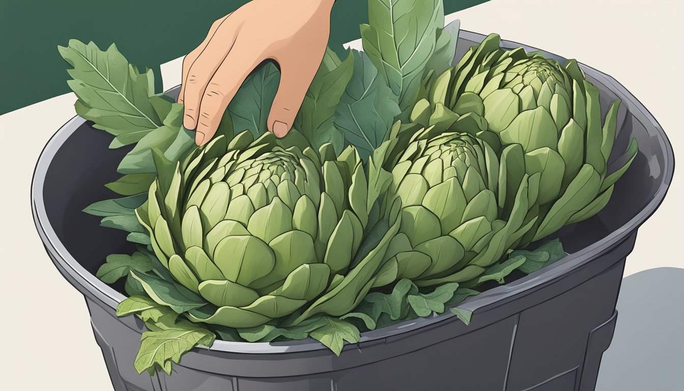 Artichoke leaves being trimmed and gathered into a compost bin