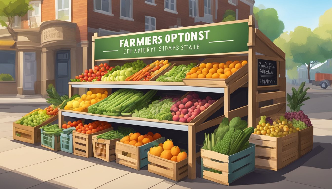 A vibrant farmers market stall with an array of fresh fruits and vegetables, neatly arranged in baskets and crates. A sign prominently displays the name "Healthy Options Inc."