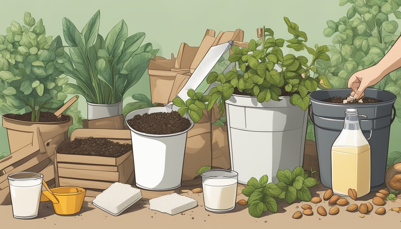 A person placing empty almond milk cartons into a compost bin surrounded by organic waste and gardening tools