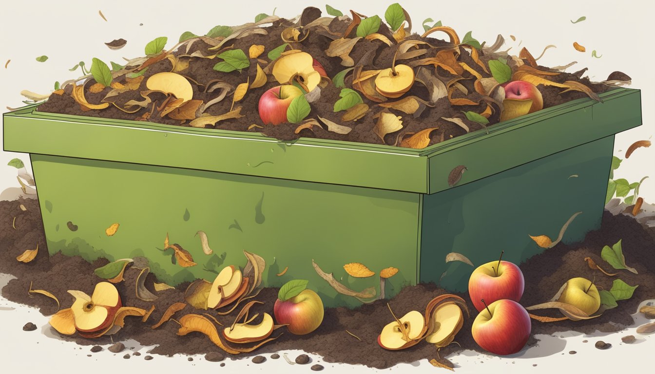 A pile of apple peels and other organic waste decomposing in a compost bin, with earthworms and microorganisms breaking down the material