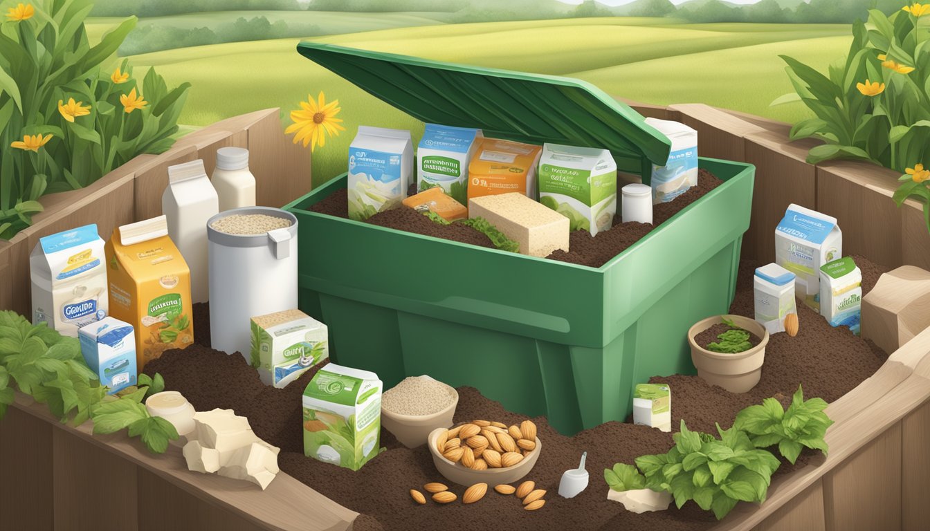 An open compost bin with a variety of dairy and dairy-substitute products, including almond milk cartons, surrounded by rich, fertile soil and thriving plant life