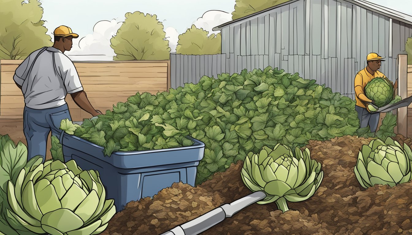 Artichoke leaves being added to a compost pile, surrounded by other organic waste