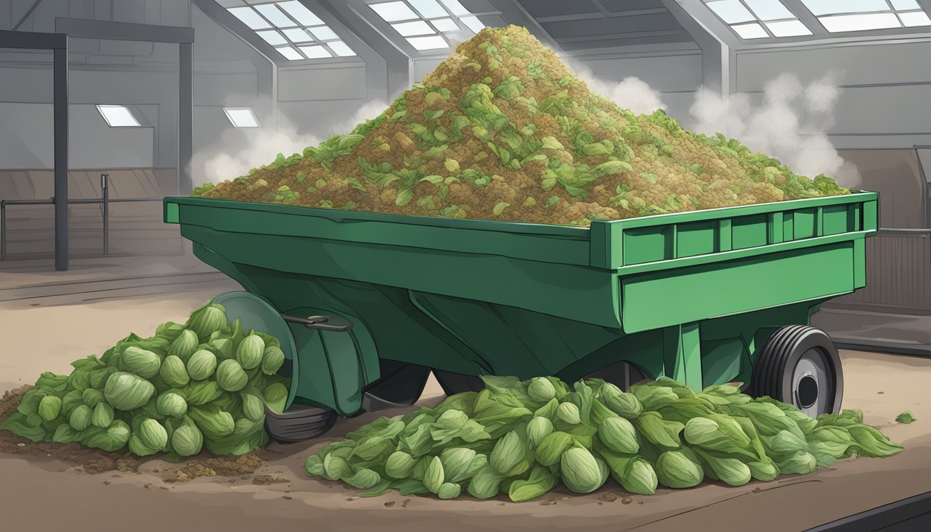 A pile of artichoke leaves is being mixed into a mound of finished compost in a large bin, with steam rising from the mixture