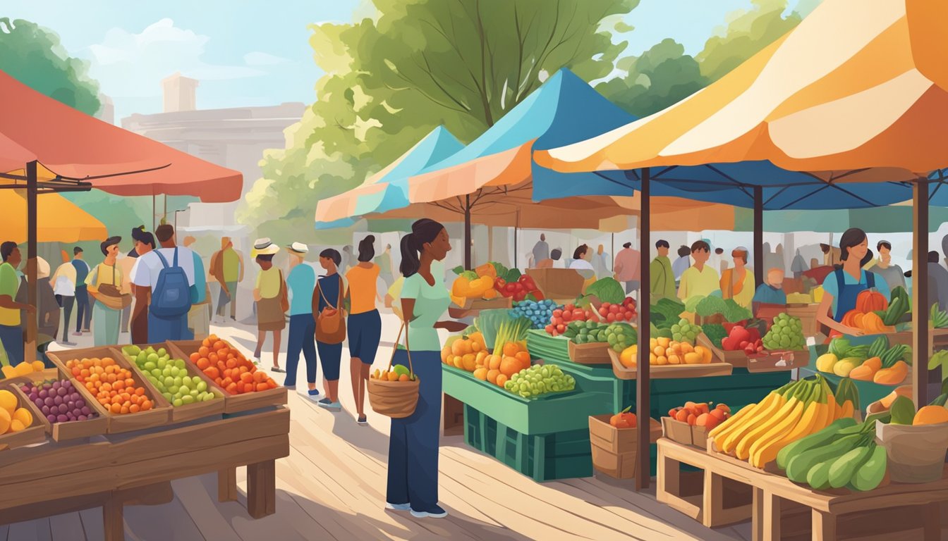 A vibrant farmers market with colorful fruits and vegetables displayed on wooden stands, surrounded by people browsing and chatting with vendors