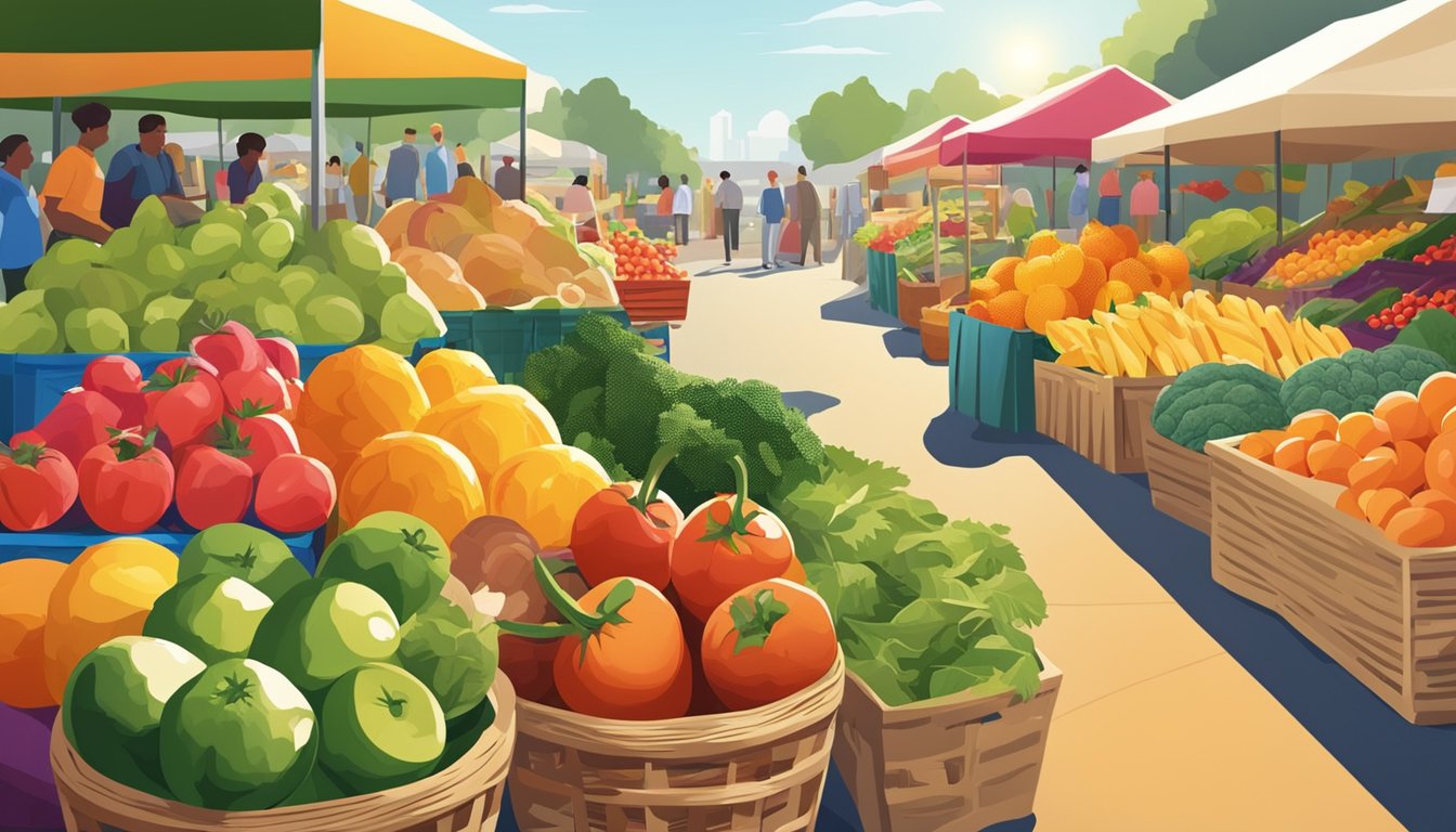 A colorful array of fresh fruits and vegetables displayed in baskets at a farmer's market. The sun shines down, highlighting the vibrant, healthy options available for subscription and access