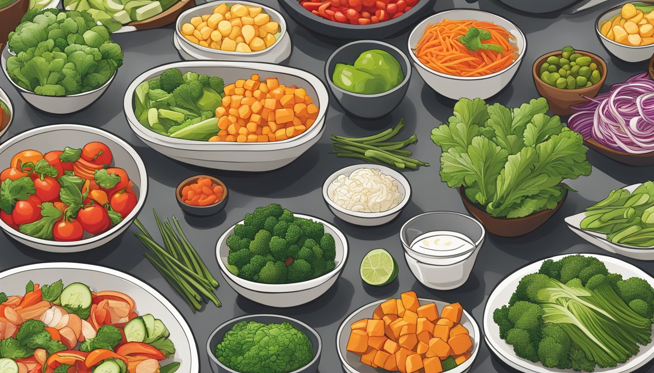 A colorful array of fresh vegetables and lean proteins displayed on a clean, modern counter at Pei Wei Asian Kitchen