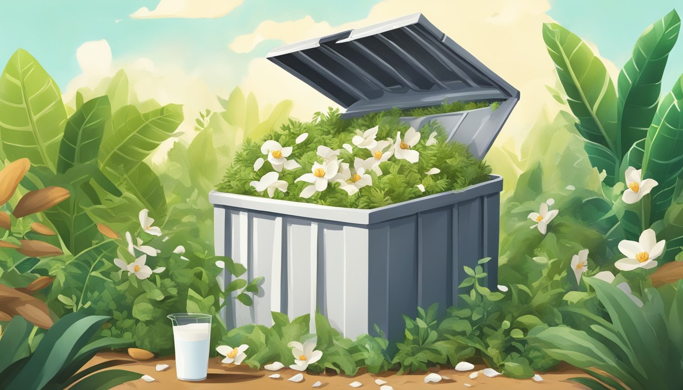 An open compost bin with almond milk cartons breaking down among other organic waste, surrounded by greenery and thriving plants