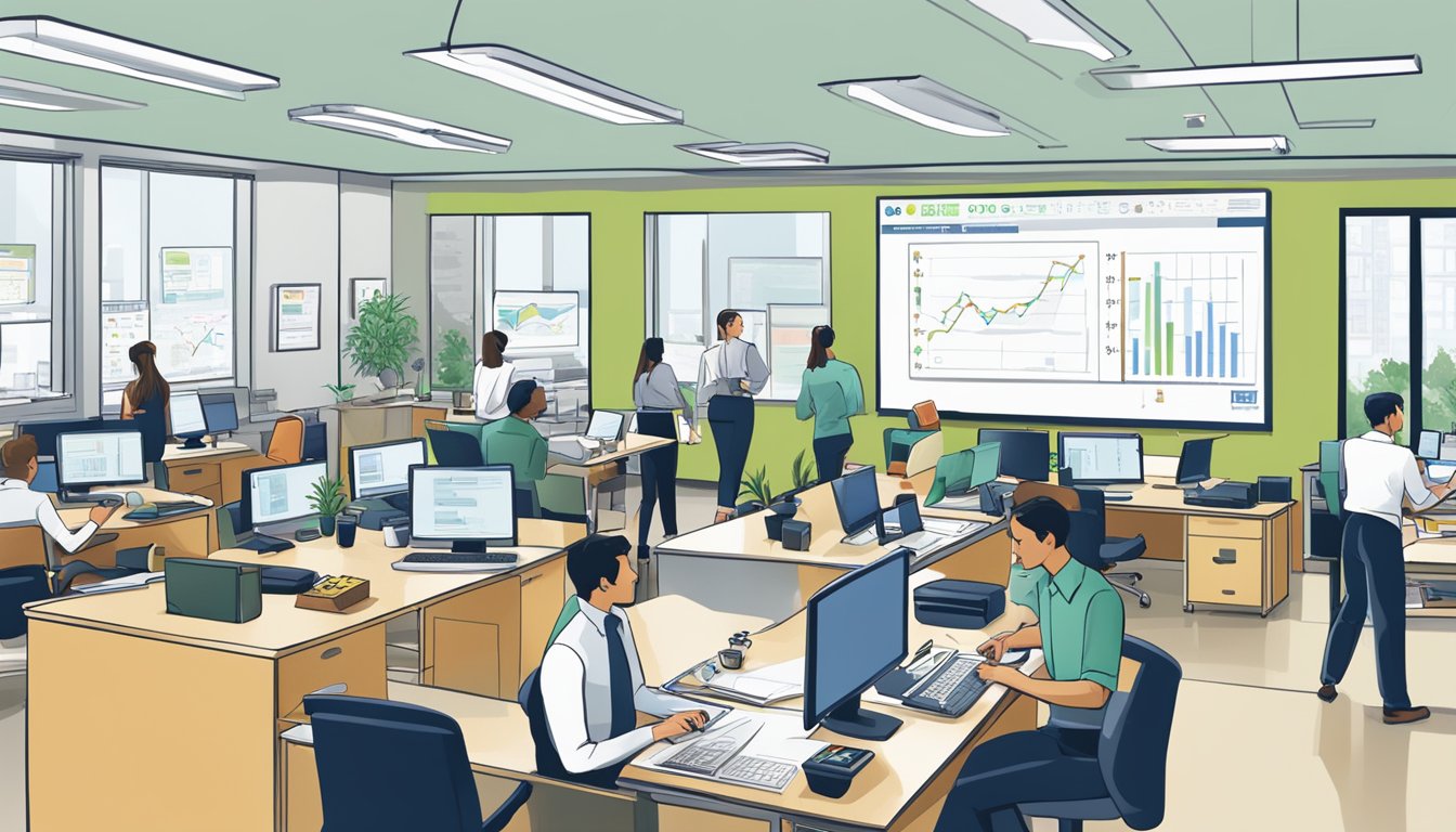 A bustling office with employees working at desks, a large whiteboard with charts and graphs, and a logo for "Healthy Options Inc" displayed prominently on the wall